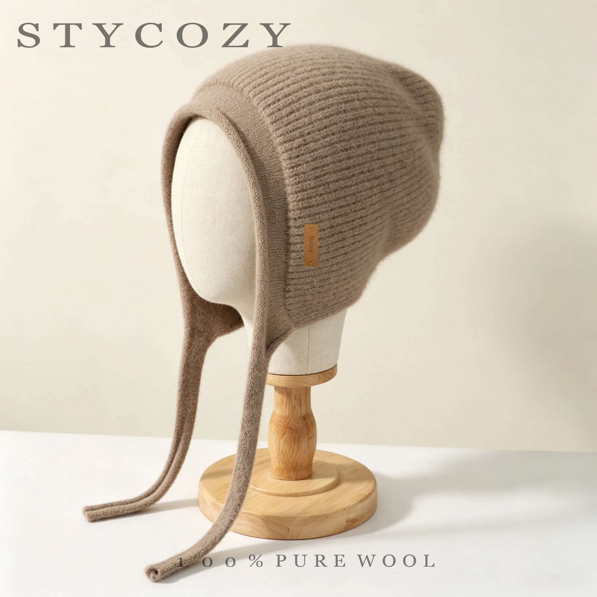 100%Pure Wool Women's Winter Knitted Hats Cute Lace-up Students Pullover Hat Autumn Winter Warm Windproof Earflap Beanies Female