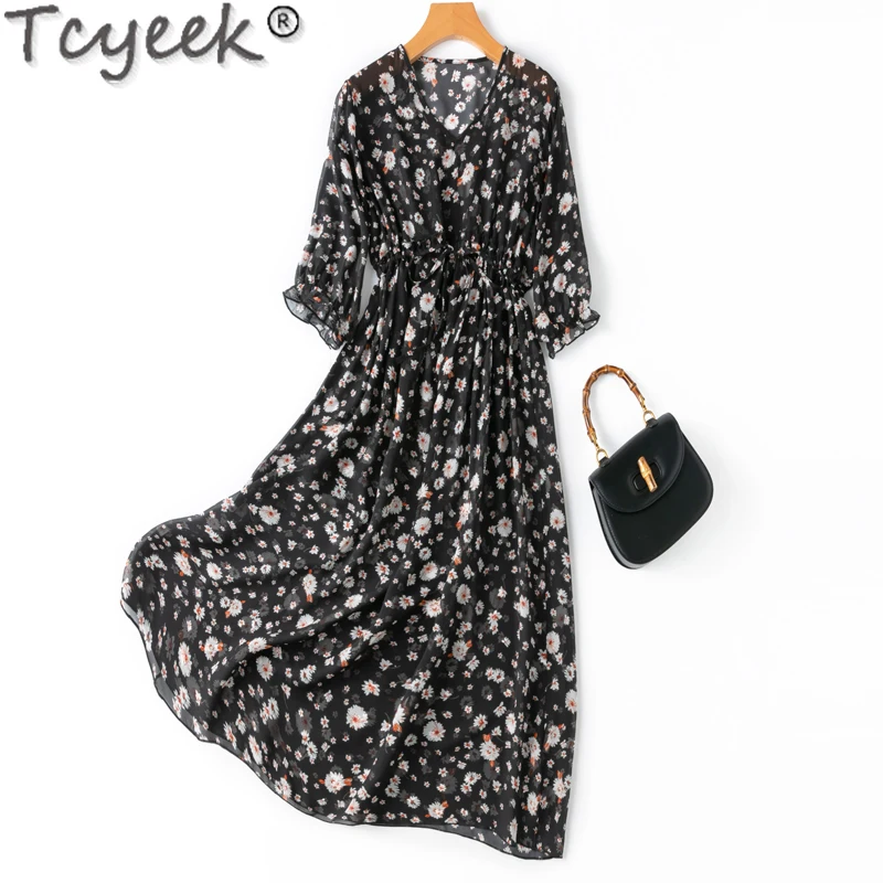 

Tcyeek 100% Mulberry Silk Womens Dresses 2024 Beach Dress Elegant Dresses for Women V-neck Summer Clothes Vestido Feminino