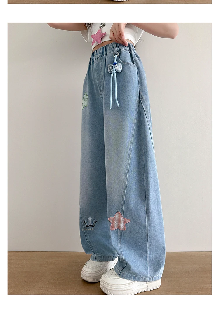Neue Trendige Kinder-Jeans mit Anhänger für Teenager-Mädchen, Modische Street-Denim-Hosen, Kinder-Trendjeans 5-14 Jahre – Detail 3