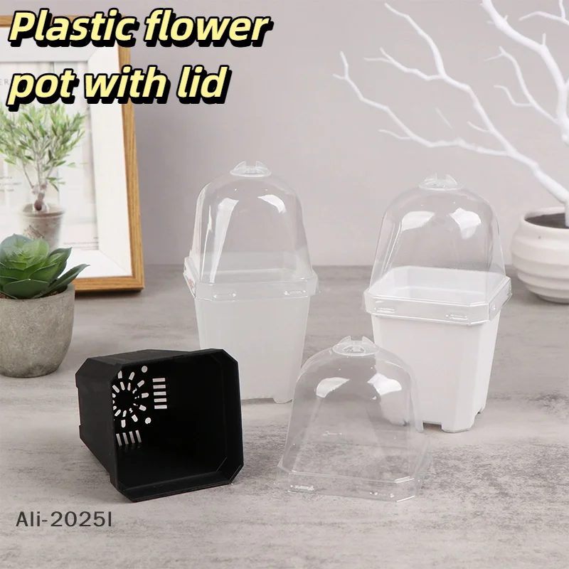 

5Pcs Plastic flower pot with lid Square Small Flower Pot Nursery Pot with Humidity Dome Gardening Pot Square Flower Starting Pot