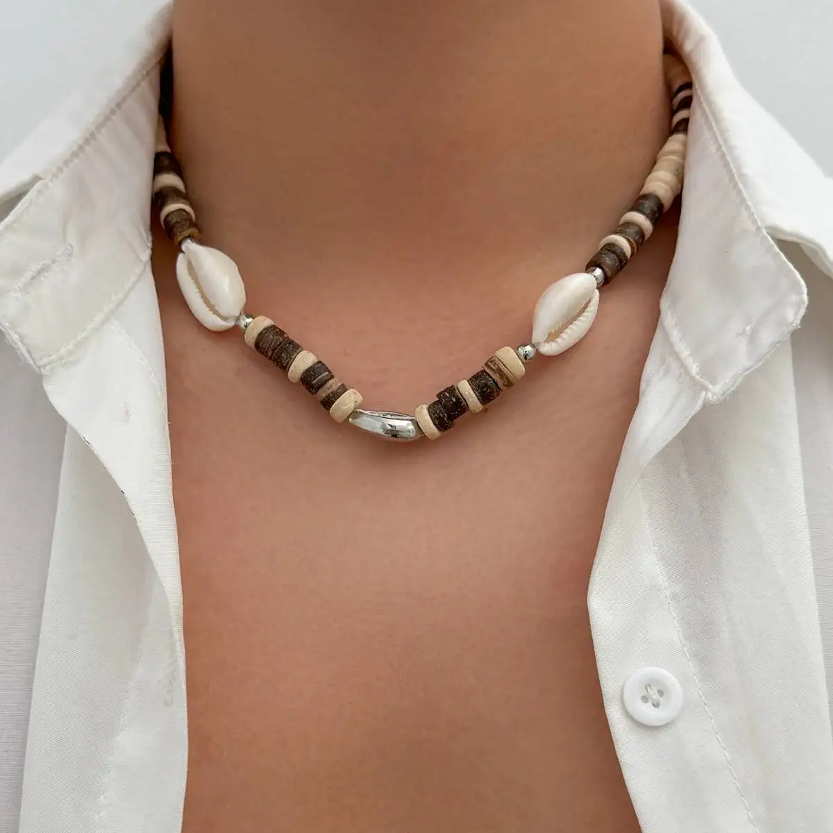 Ingemark Boho coquille de noix de coco perles en bois conque perles chaîne collier pour hommes été plage Vintage réglable tour de cou bijoux quotidiens