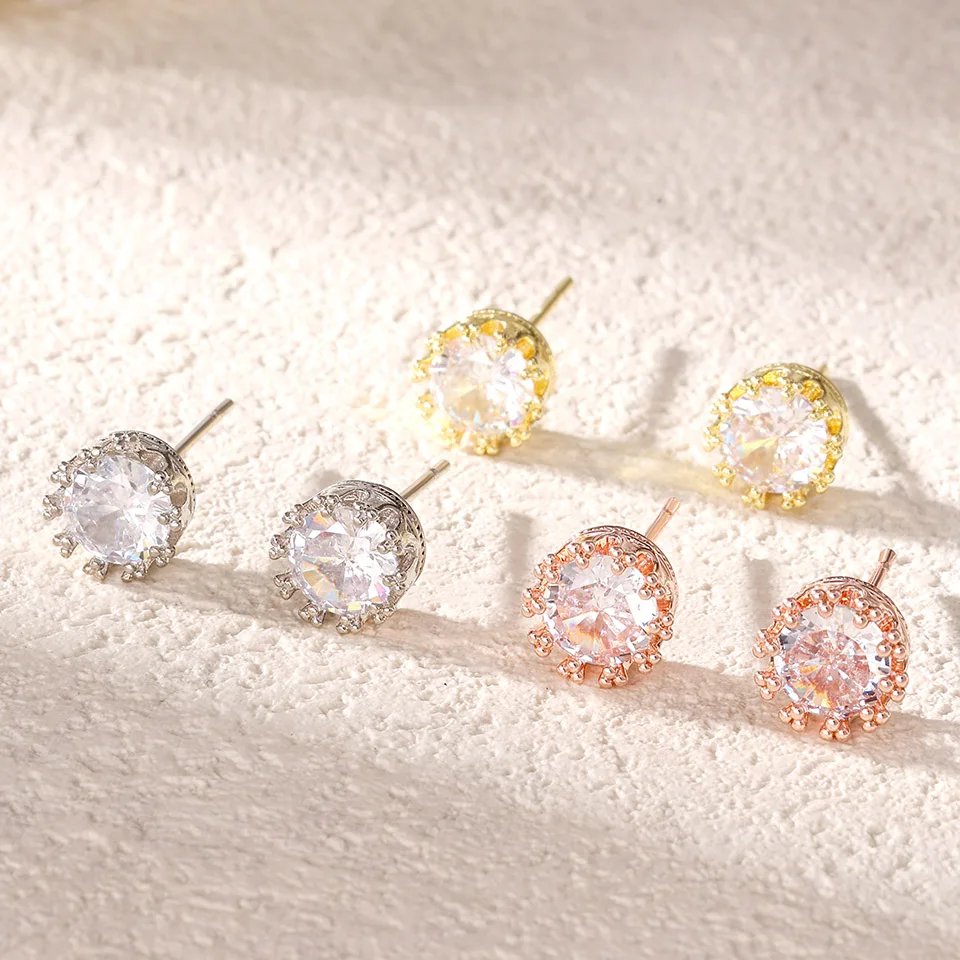 ZAKOL Fashion Crown Women Classic Shining Round Cz Zircon Small Stud Earrings Gold Color Ears for Men Crystal Party Jewelry