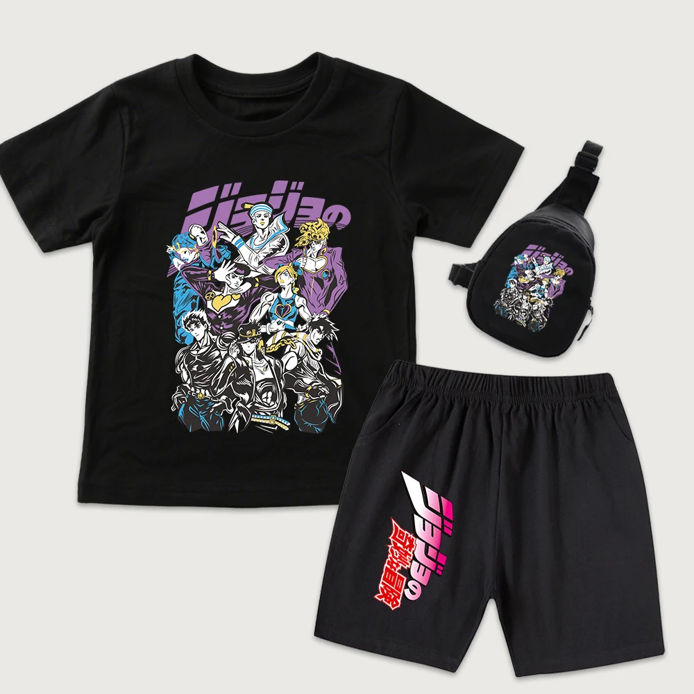 Jojo Characters Anime Print Kids Boys Girls Cotton T Shirt Shorts Mini Chest Bag 3 Piece Set Casual Summer Outfit