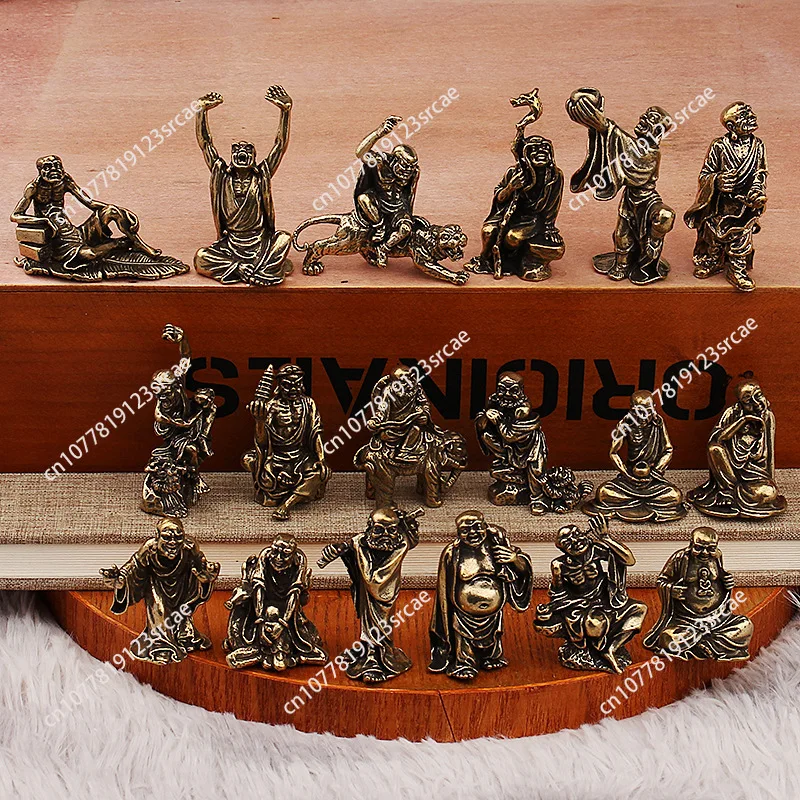 Brass Eighteen Arhat Buddha Statues Subdue The Dragon and Subdue The Tiger Arhat Complete Set of Ornaments Chinese Creative