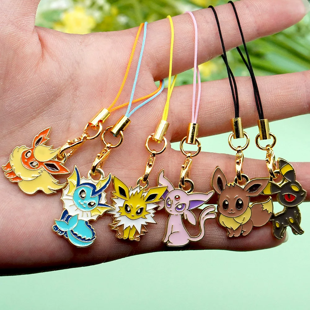 6Pcs Hot Anime Eevee Phone Charms Cute Cartoon Fox Elf Monster Keychains Lanyard Bag Mobile For Key Strap Decor Gift