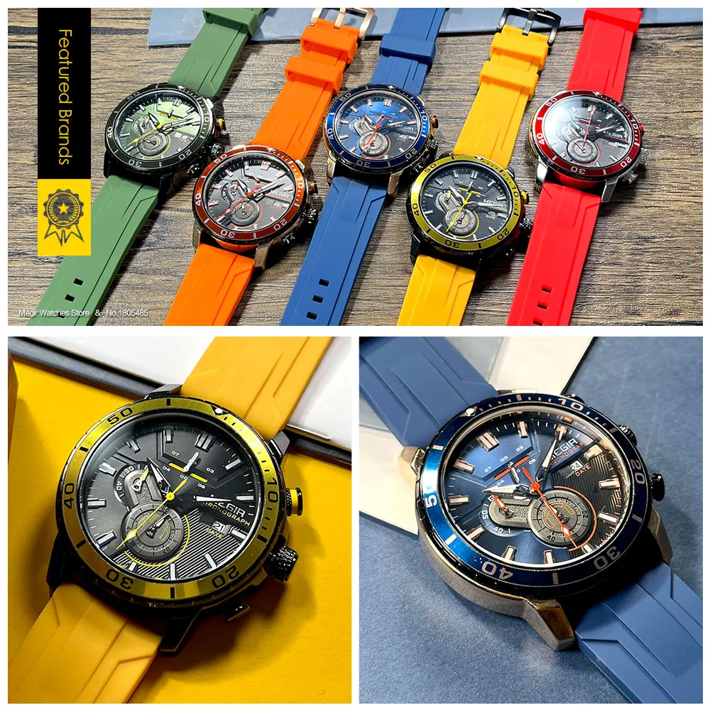 MEGIR Yellow Sport Quartz Watch for Men Fashion Waterproof Chronograph Wristwatch with Silicone Strap Auto Date Luminous Hands