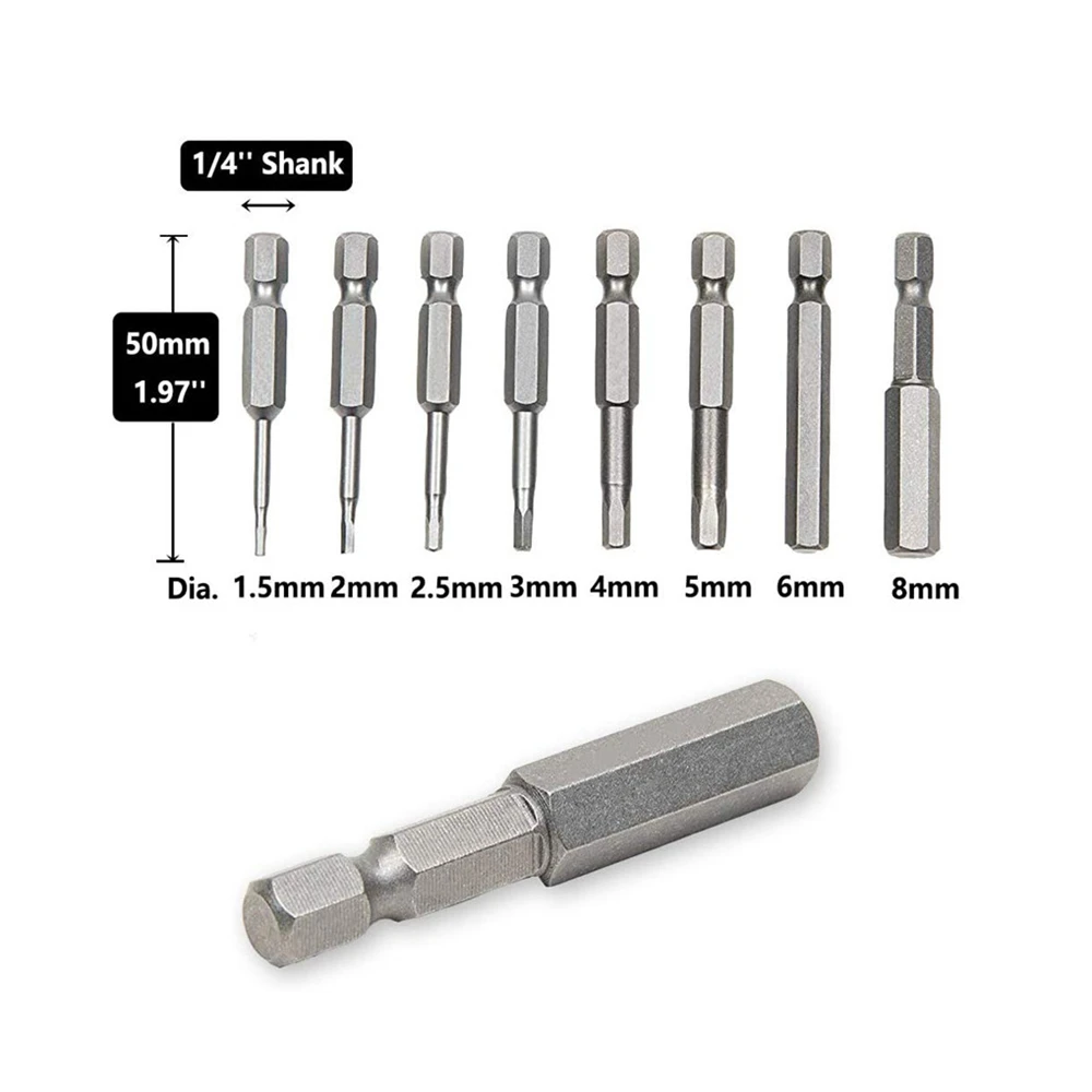 8Pcs 50mm 1/4 Inch Hex Shank Magnetic Hex Head Screwdriver Bits 1.5mm 2mm 2.5mm 3mm 4mm 5mm 6mm 8mm