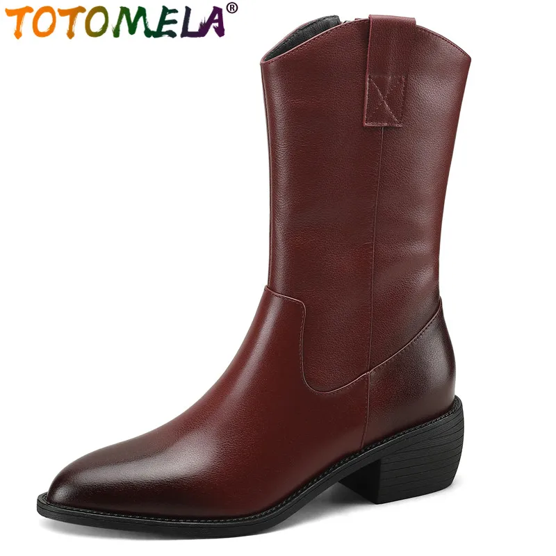 

TOTOMELA 2024 New Genuine Leather Zipper Boots Square Med Heels Mid Calf Boots Vintage Female Pointed Toe Winter Boots