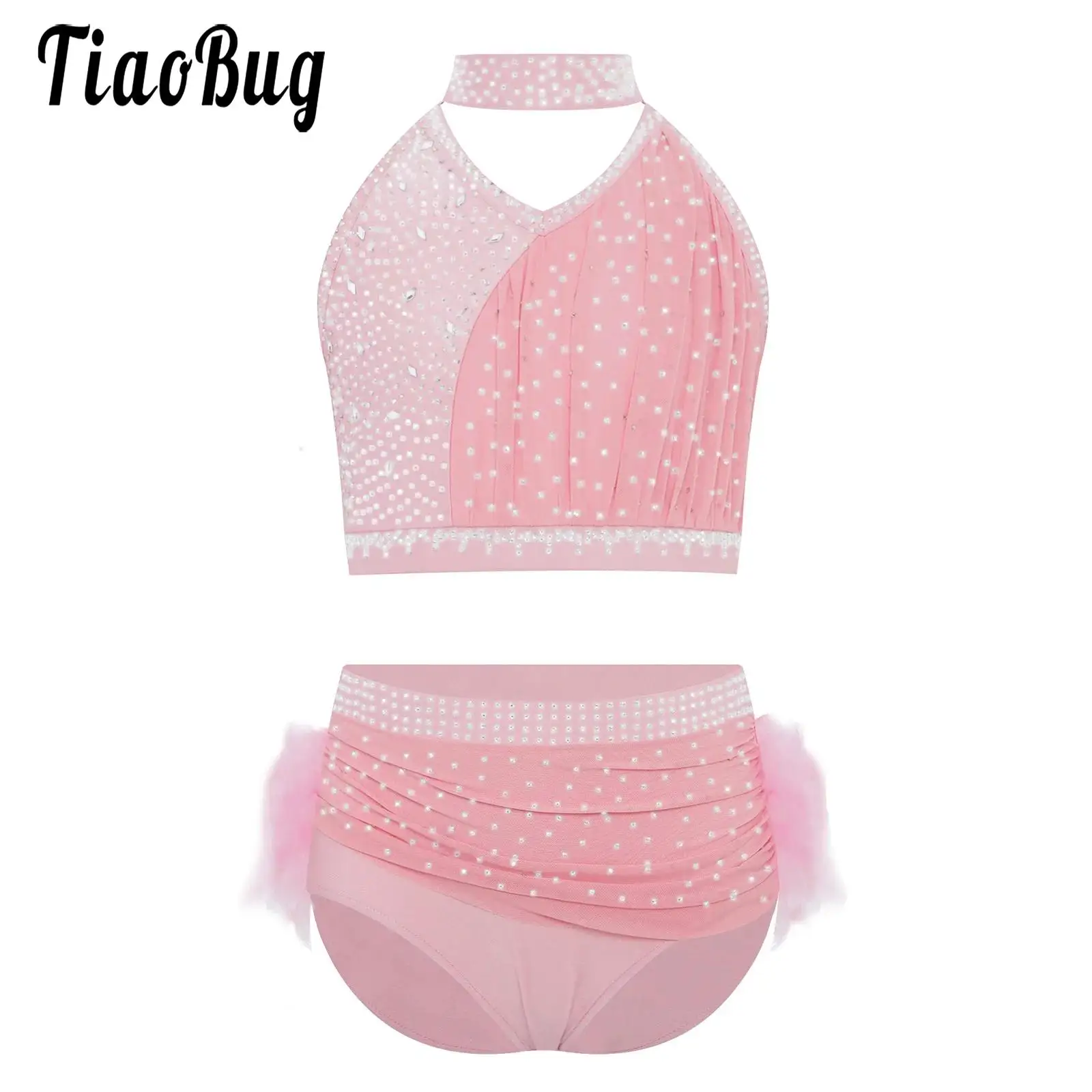 

Girls Dance Modern Ballet Skating Performance Costume Outfit Sparkly Rhinestones Ruched Crop Top with Faux Feather Briefs Skirt