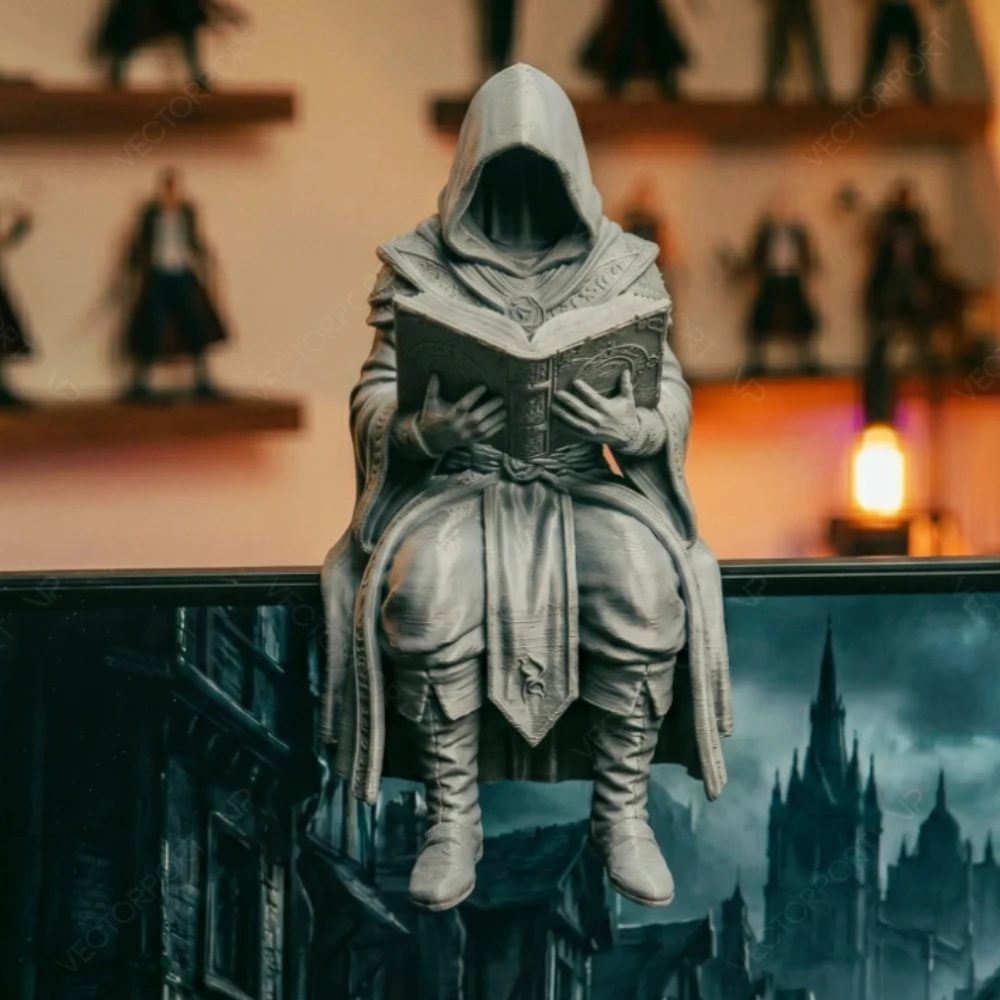 Faceless Hooded Mage Sitting Figurine 3D Printed reading Wizard Monitor Edge Sitter Statue Sorcerer Ornaments home Desk PC Decor