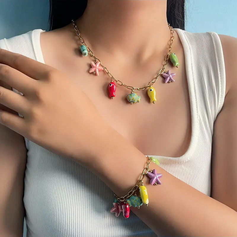 New Summer Stainless Steel Golden Starfish Colorful Fish Necklce for Women Girl Boho Jewelry