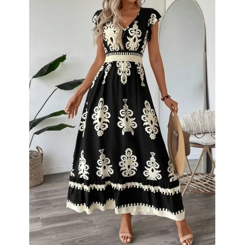 

Summer Boho Holiday Beach Print Dress Summer Fashion High Waist Slim Casual V Neck Swing Elegant Ladies Office Long Dresses