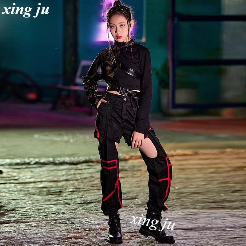 Chaleco de PU negro para baile callejero para niños, Tops de manga larga, pantalones calados a la moda, traje de baile de Jazz para niñas, ropa de escenario de Hip Hop para niños