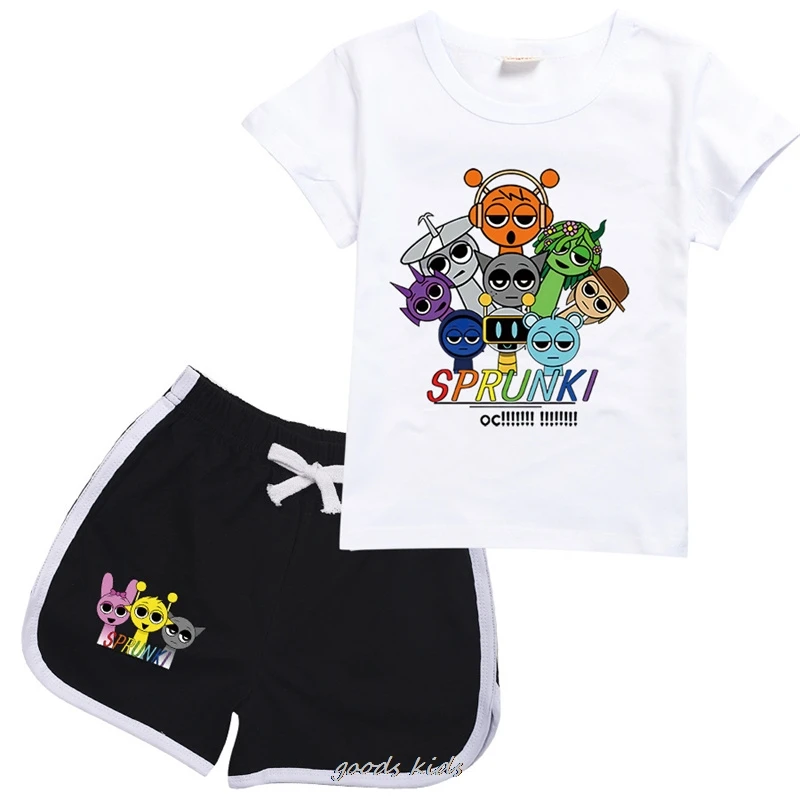 

New Sprunki Girls Clothes Summer Clothing Set Kids Boys Sports Suit T Shirt + Pants Baby Kid Outfits Pajamas Gift 1-15Y