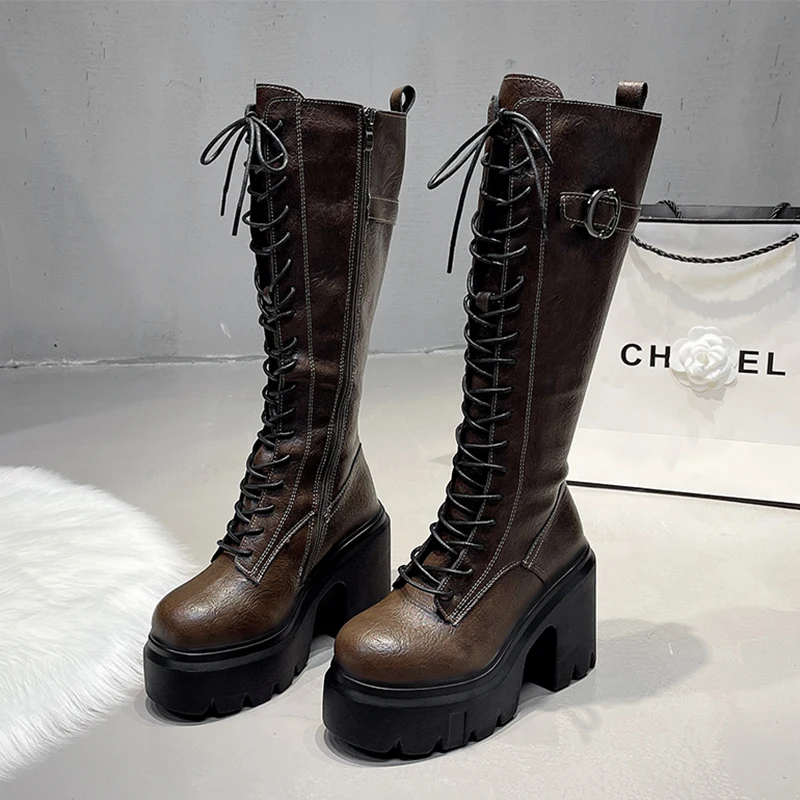 Bottes hautes à lacets pour femmes, chaussures à talons hauts, bottes Chelsea à plateforme, Sexy, longues, escarpins à fermeture éclair, hiver 2025, 2025