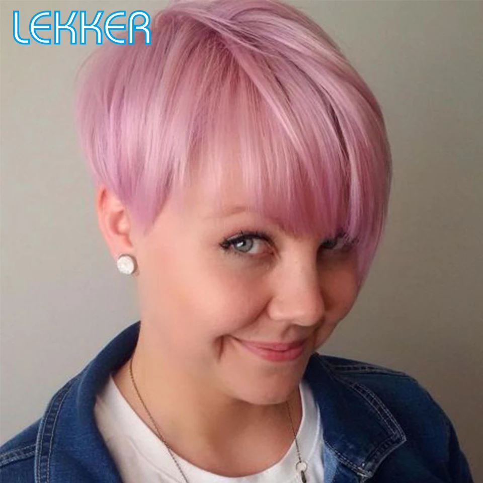 Lekker Pink Short Pixie Cut Straight Bob Human Hair Wig For Women Brazilian Remy Hair Cheap Glueless Colored Machine Made Wigs