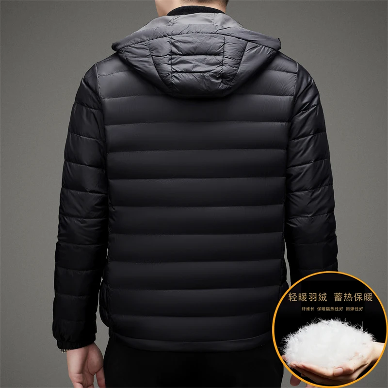 Lightweight 90% White Duck Down Coat Men\'s Winter Simple Solid Warm Padded Hooded Jacket Long Sleeve Thermal Down Coat