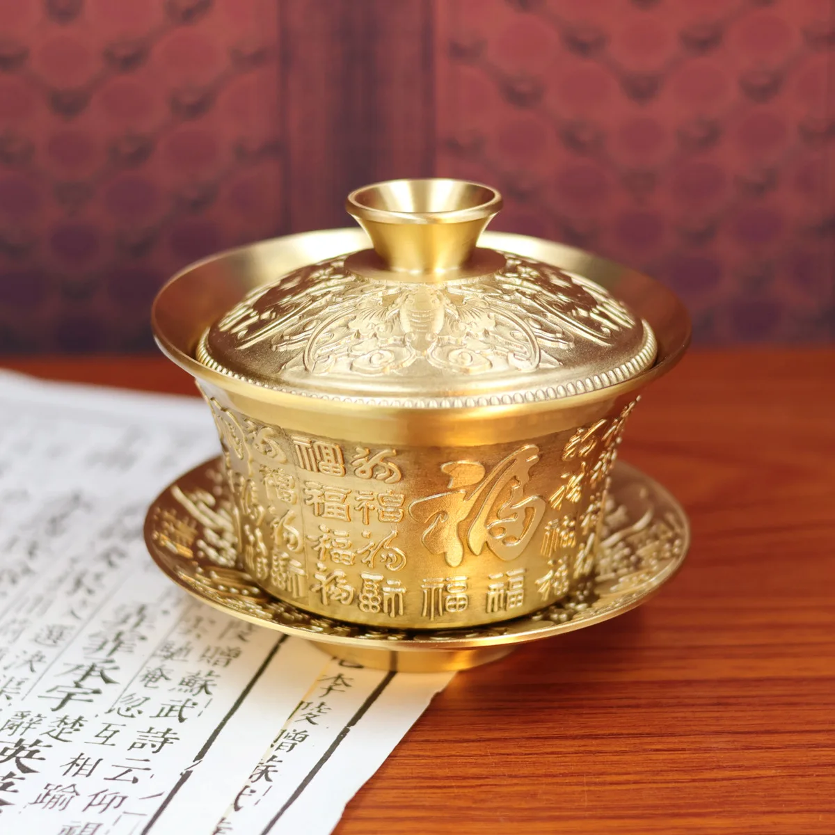 Brass Baifu tea bowl three-piece set, tea cover bowl, living room relief Baifu cover bowl copper handicraft ornament wholesale