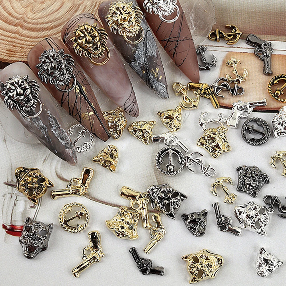 10Pcs Punk Style Halloween Nail Art Charms 3D Alloy Pistol Lion leopard Head Nail Decoration Retro DIY Manicure Accessories