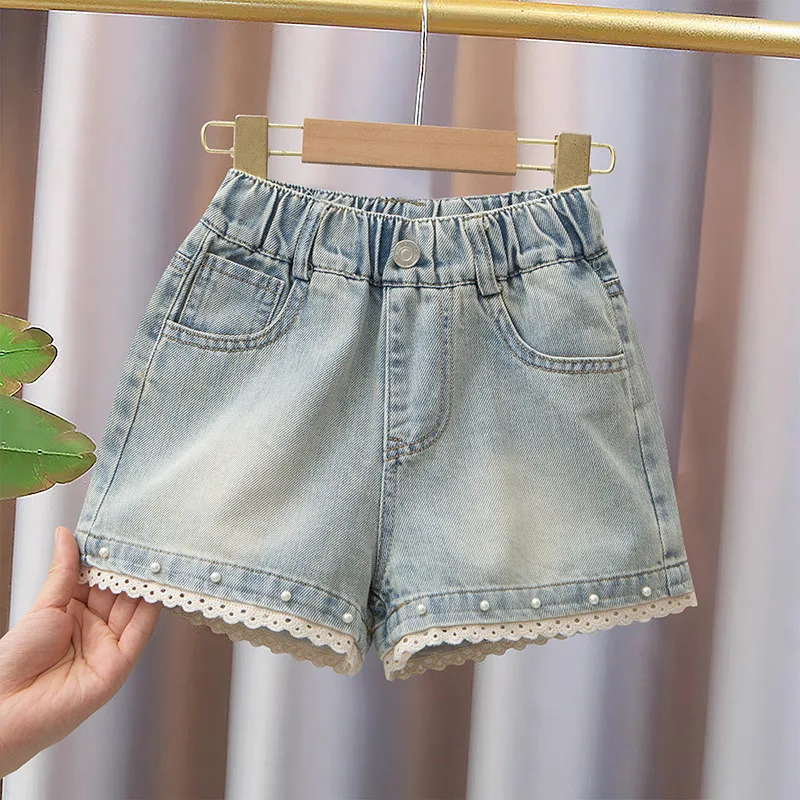 Kids Girls' Denim Shorts Summer Beaded Lace Splicing Short Pants Fashion High Waist Slimming Dance Hotpants 3-12 Years Old