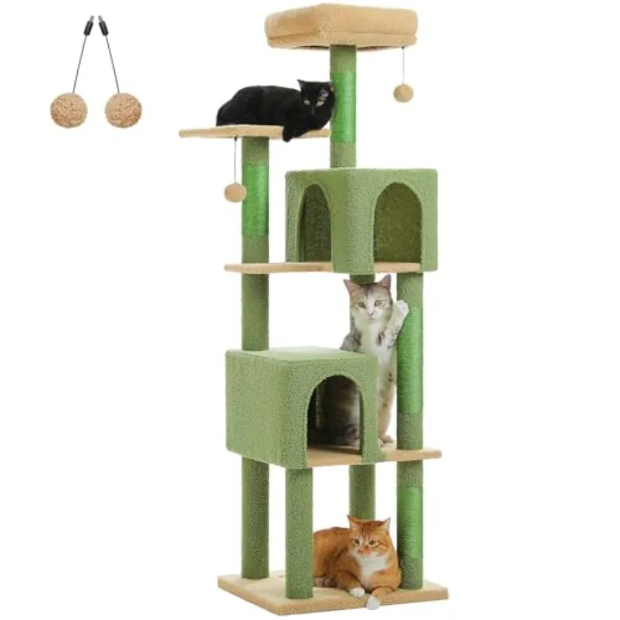 

Многоуровневая лежанка-когтеточка Cactus для кошек, 62 дюйма, с 2 просторными домиками, 4 когтеточками и 2 верхними платформами