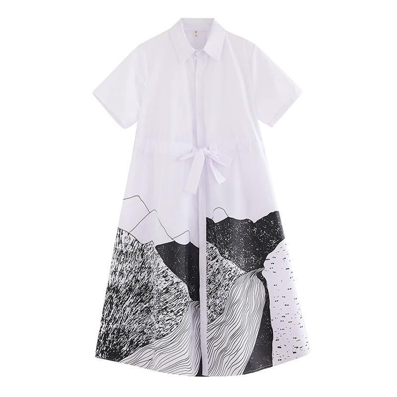 Water-Media Print Patchwork ort-Sve Dr con cintura y cuello Dstring para mujer de talla grande Faion de verano