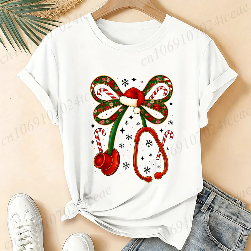 Women Christmas Stethoscope Graphic T‑Shirt Nurse Doctor Xmas Santa Hat Print Short Sleeve O‑Neck Casual Tops Holiday Gift Tees