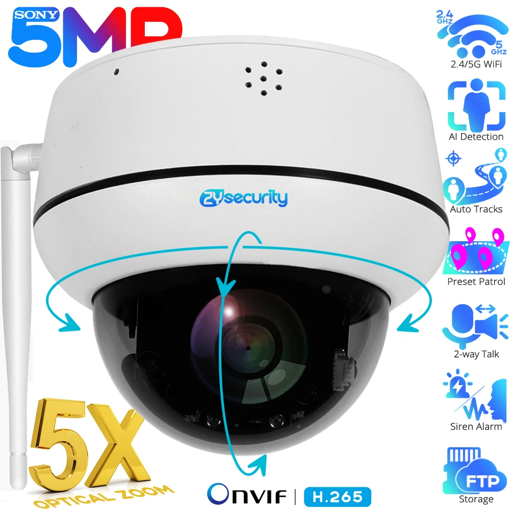 5MP Wifi Dome PTZ Camera 5X Optical Zoom IP Camera Humanoid Tracking Two-way Talk Wireless Home Security Surveillance Cameras