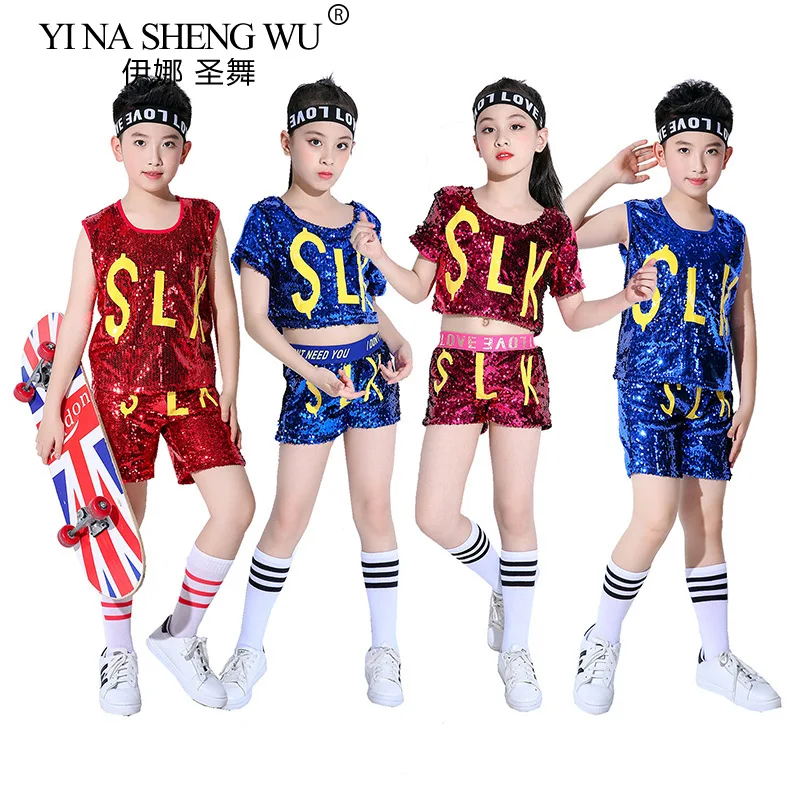 Mode Jazz Kostüm Kinder Bühne Dance Tragen Blau/Rot Pailletten Anzug Jungen und Mädchen Hip Hop Street Dance Performance kleidung