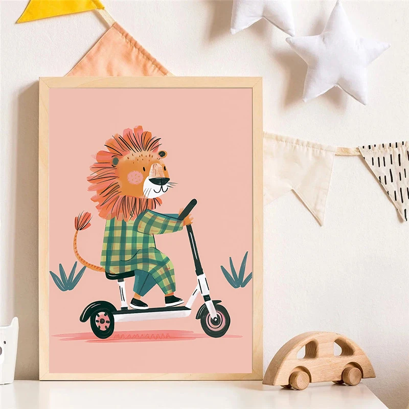 Dog Airplane Lion in Car Animal Skateboard Tiger on Bicycle Poster Print Canvas Painting Print Nursery Wall Art Kids Room Decor - view 4