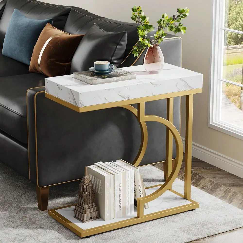 

Narrow Side Table White Gold Side Table C Shaped End Table Modern Bedside Table Small Side Table For Couch, Sofa Table With Met