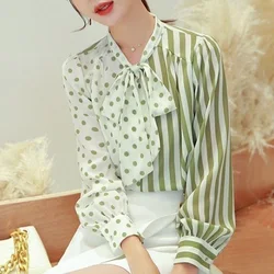 Fashion Chiffon Lace Up Bow Polka Dot Striped Blouse Female Clothing 2023 Spring Summer New Casual Pullovers Asymmetrical Shirt