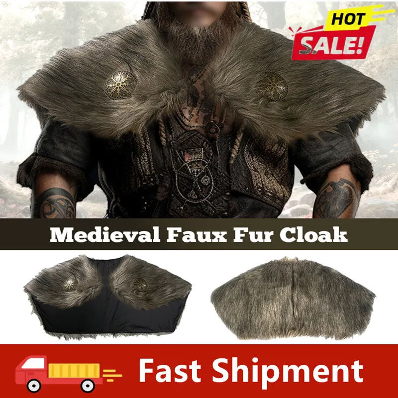 Gola de pele falsa envolve roupas de inverno rei guerreiro capa viking pele xale guerreiro medieval capa de pele artificial para homens cosplay