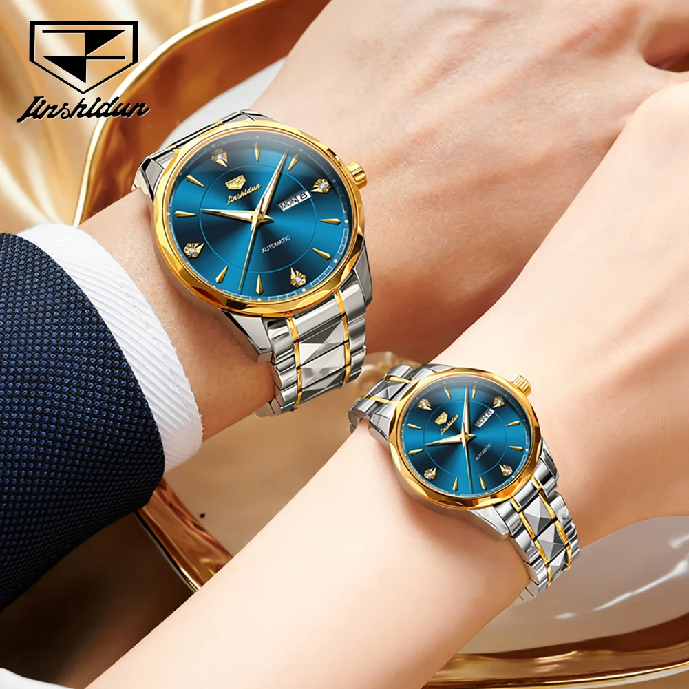 JSDUN-Montres mécaniques automatiques pour hommes et femmes, miroir saphir, acier au tungstène, semaine du calendrier automatique, amoureux élégants, tendance pour dames