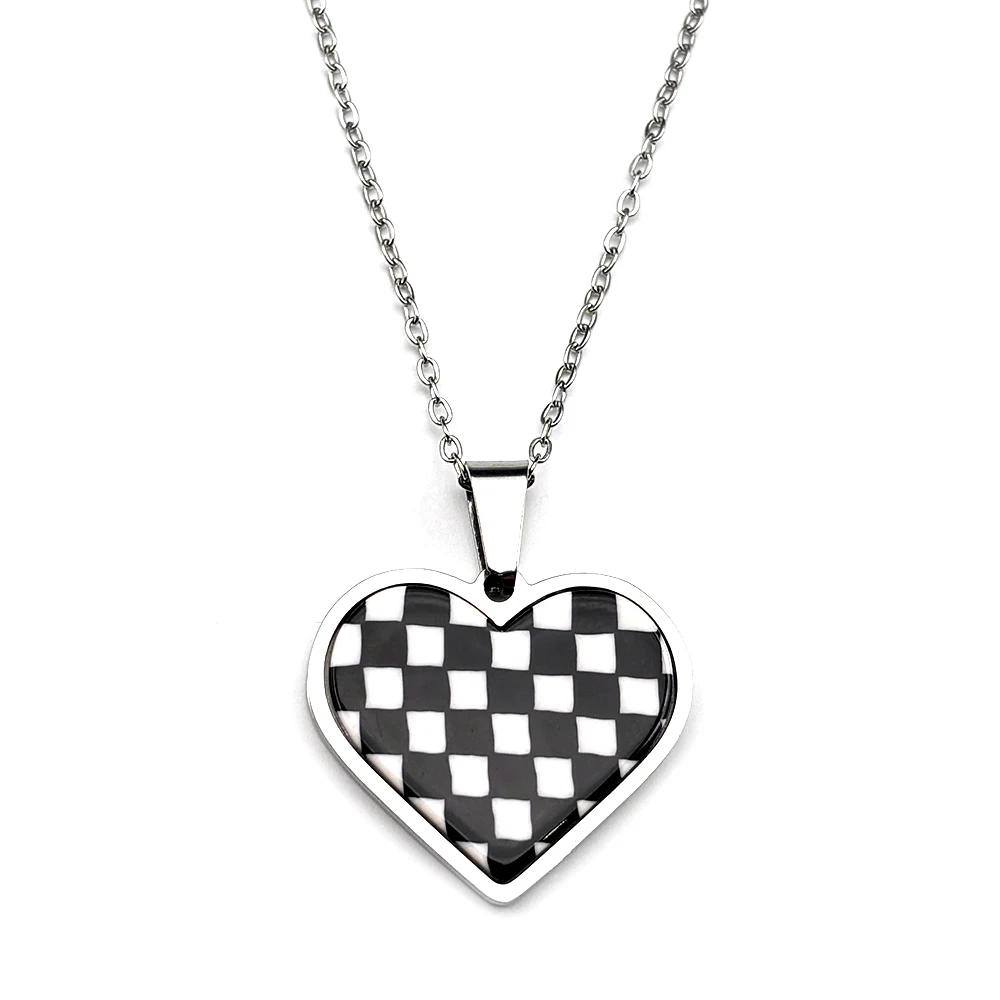Y2K E-Girl Schachbrettmuster Herz Bär Kette Edelstahl Schwarz Weiß Süßer Cooler Stil Passende BFF Halskette Harajuku Schmuck – Detail 7