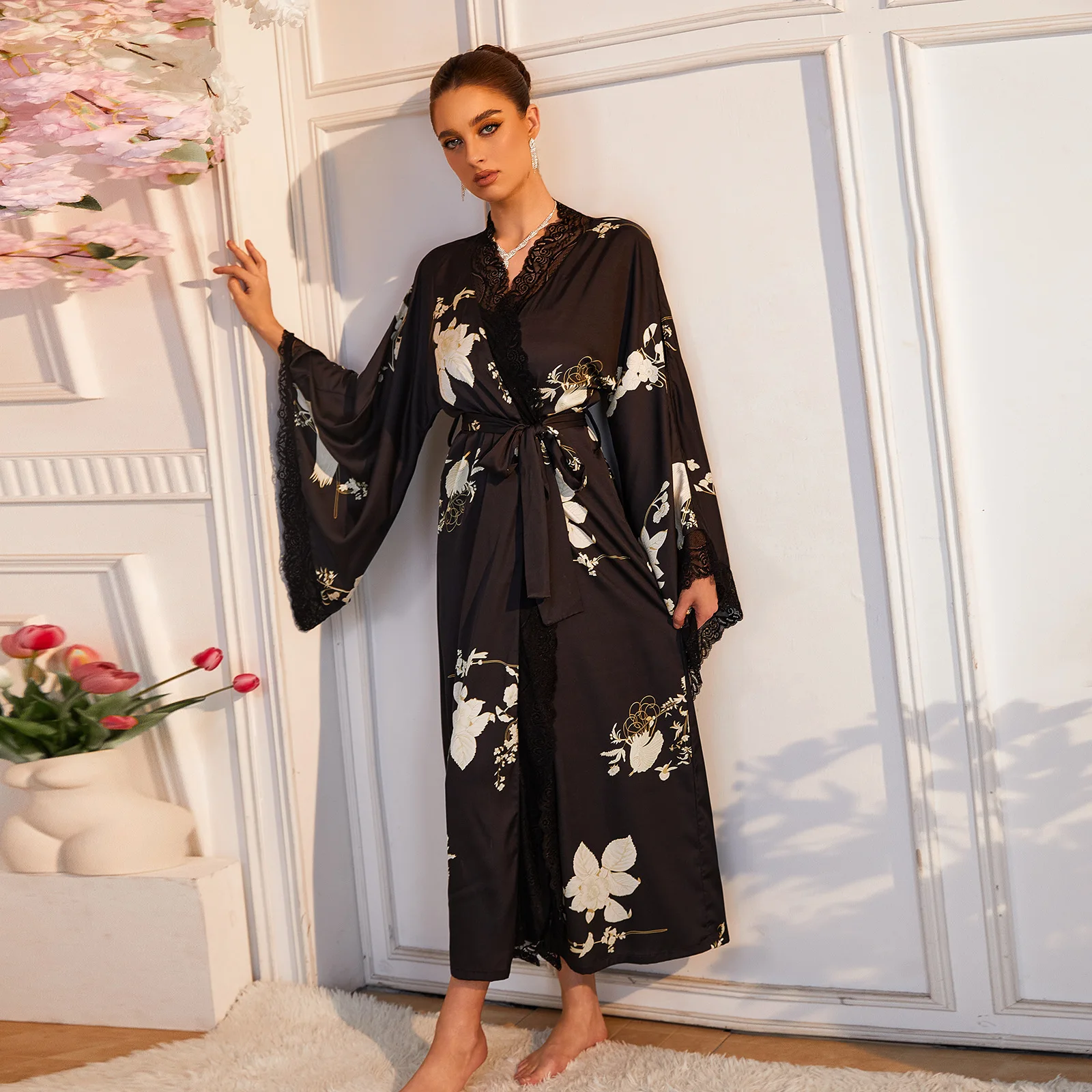 Women Ins Floral Print Satin Robe Luxury Long Gown Flare Sleeve Lace Patchwork Elegant Loose Loungewear Wedding Bridal Sleepwear