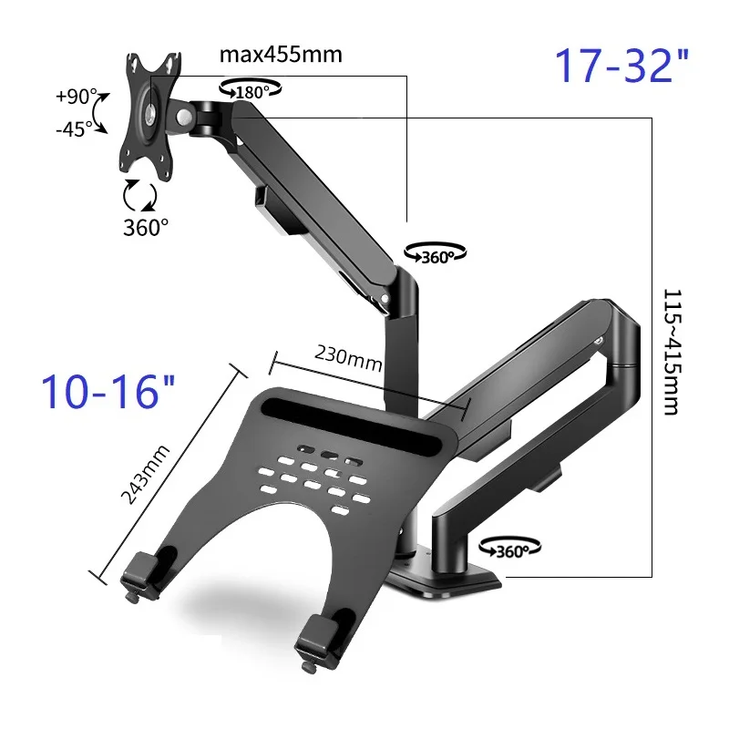 Monitor Arm + Laptop Holder, Full Motion Stand for 10-16