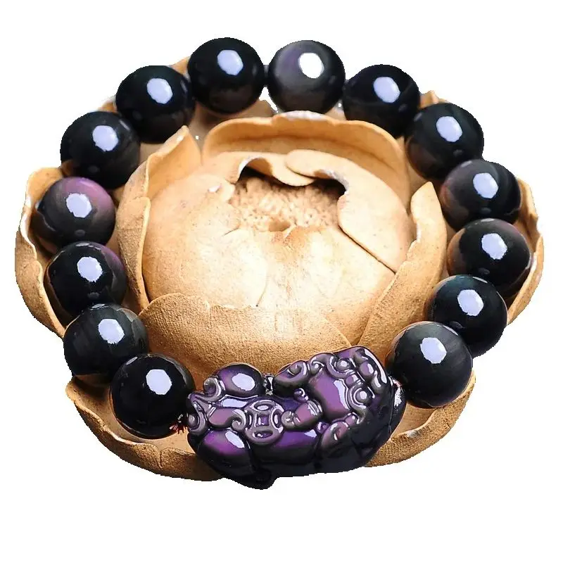 

Black Natural Obsidian Stone Beaded Bracelets Fengshui Rainbow Pixiu Wristband Crystal Bracelet For Men Women Jewelry