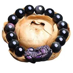 Black Natural Obsidian Stone Beaded Bracelets Fengshui Rainbow Pixiu Wristband Crystal Bracelet For Men Women Jewelry