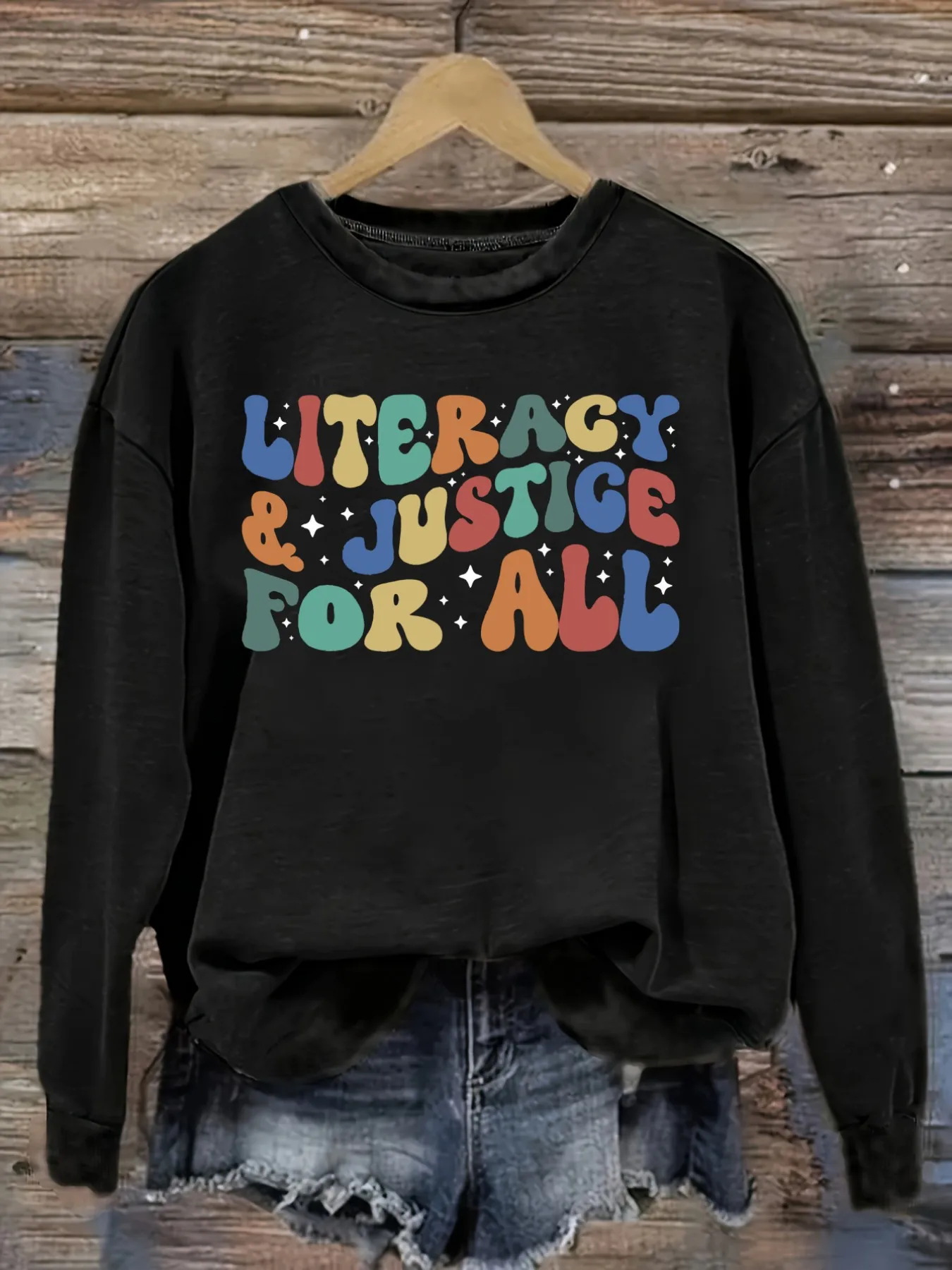 Women's Casual Long Sleeve Crew Neck T-Shirt Literacy And Justice For All Design, Round Neck Women's Clothing, Machine Washable, Slightly Elastic, Loose Fit, Spring Autumn Winter Women's T-Shirt, Halloween Costume Outfit