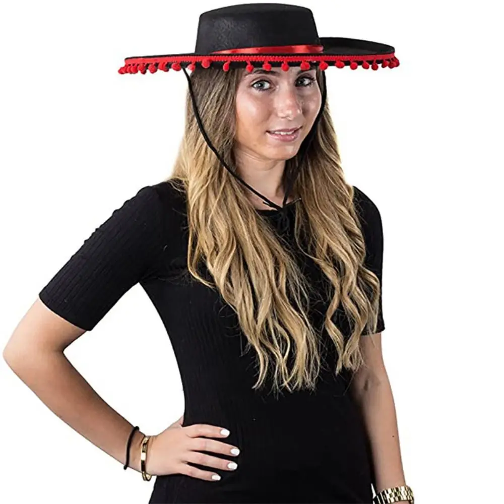 قبعات سمبريرو المكسيكية من Fuzz Ball أداء المسرح بحافة واسعة أزياء قبعة مكسيكية للرقص الإسباني قبعة على الطراز الإسباني