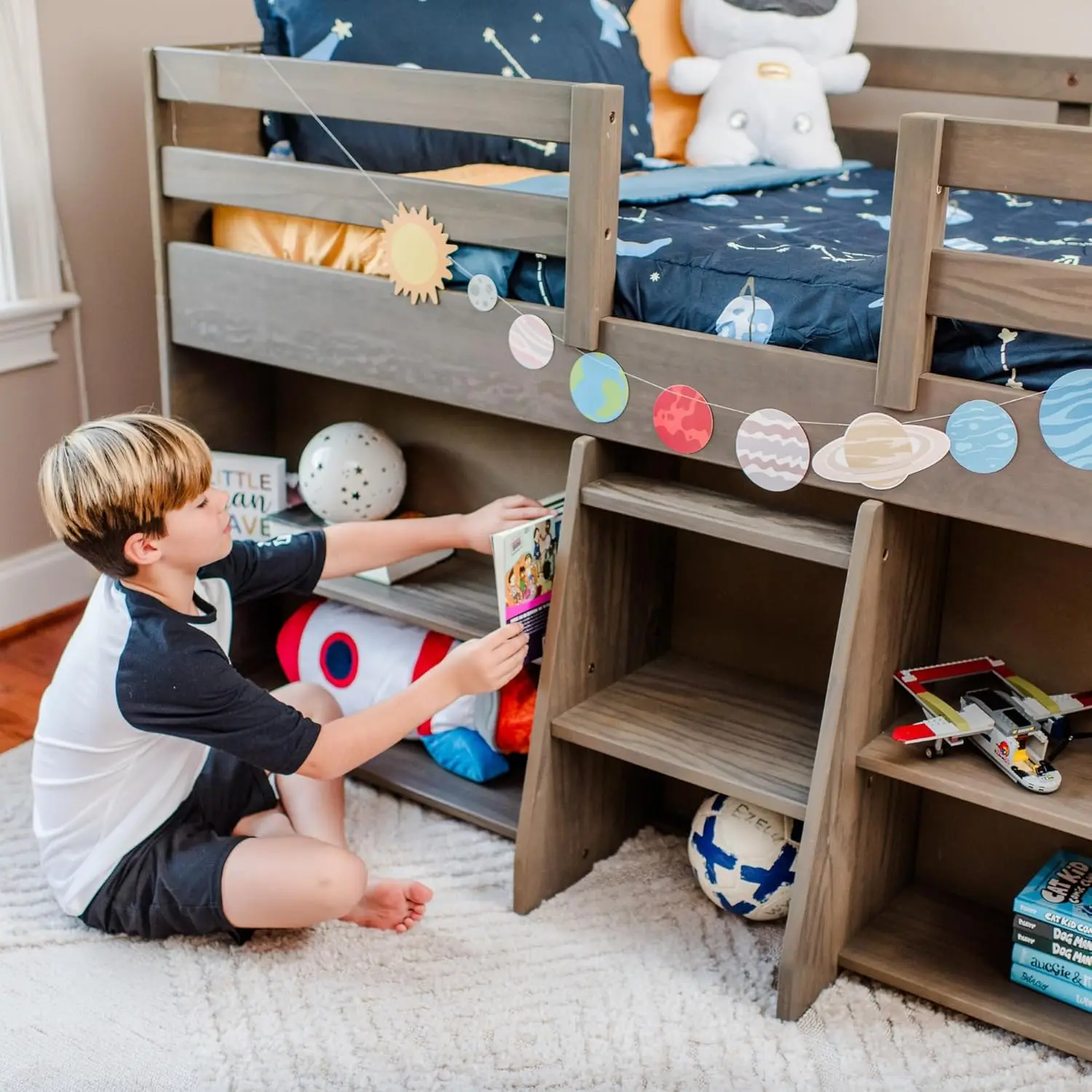 Modern Farmhouse Low Loft Bed, Twin Bed Frame For Kids With 2 Bookcases, Driftwood