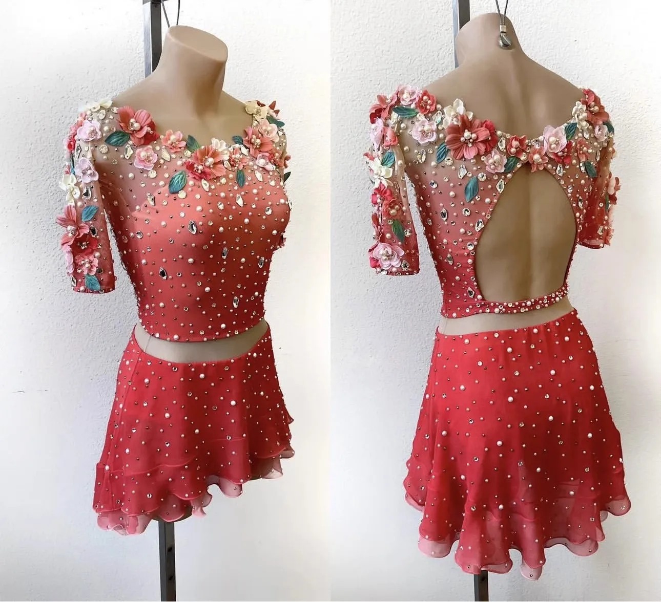 Women's Adult Children's Shimmering Figure Skating Dresses Rhythmic Gymnastics Long Sleeve Coveralls Flower Competition Uniforms