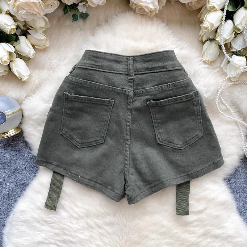 Summer Jeans Shorts Women Big Pocket Fashion Belt Design High Waist Denim Shorts Female Loose Casual Wide Leg Shorts