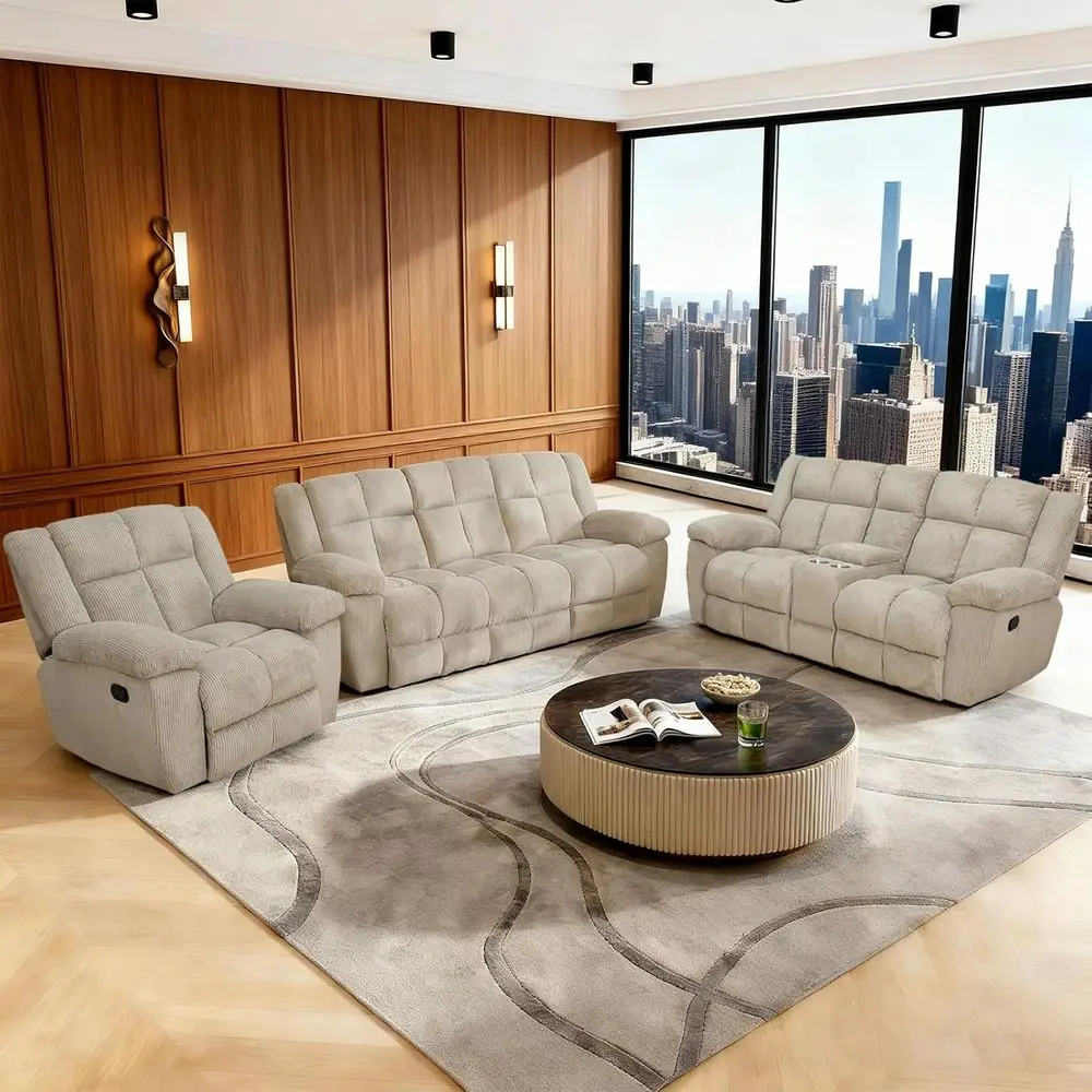 

3-Piece Beige Corduroy Recliner Sofa Set with Storage and Cup Holders for Living Room/House/Office