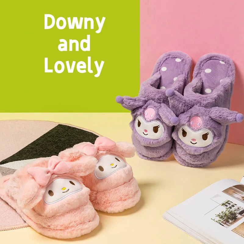 Kawaii Sanrio Cute Slippers Cinnamoroll Kuromi Mymelody Furry Cotton Slippers Female Winter Lovely Home Warm Slippers