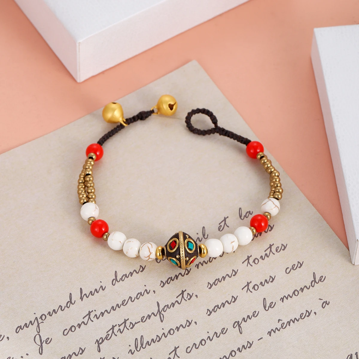 Ethnic Nature Stone Nepal Copper Beads Bracelet Women Men Vintage Tibetan Buddhist Mantra Hand Prayer Wheel Bracelets Jewelry