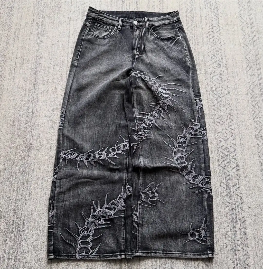 

Y2k New Punk Rock Gothic Embroidery Jeans Washed Baggy Jeans Womens Harajuku Couple American Trend Hip-Hop Retro Streetwear