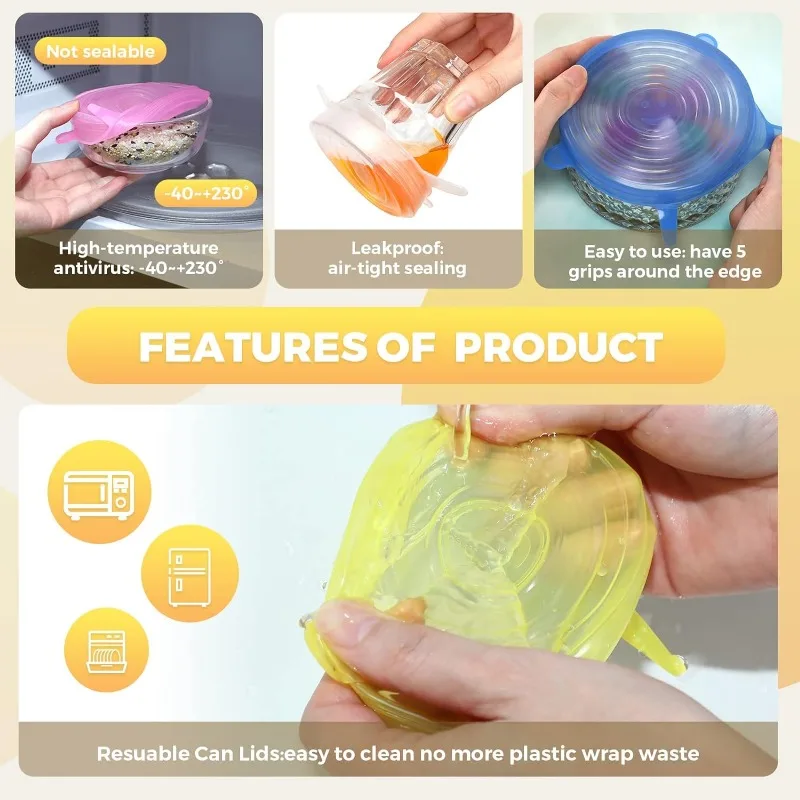 6 Pcs Silicone Stretch Lids Reusable Airtight Food Wrap Covers Keeping Fresh Seal Bowl Stretchy Wrap Cover Kitchen Cookware