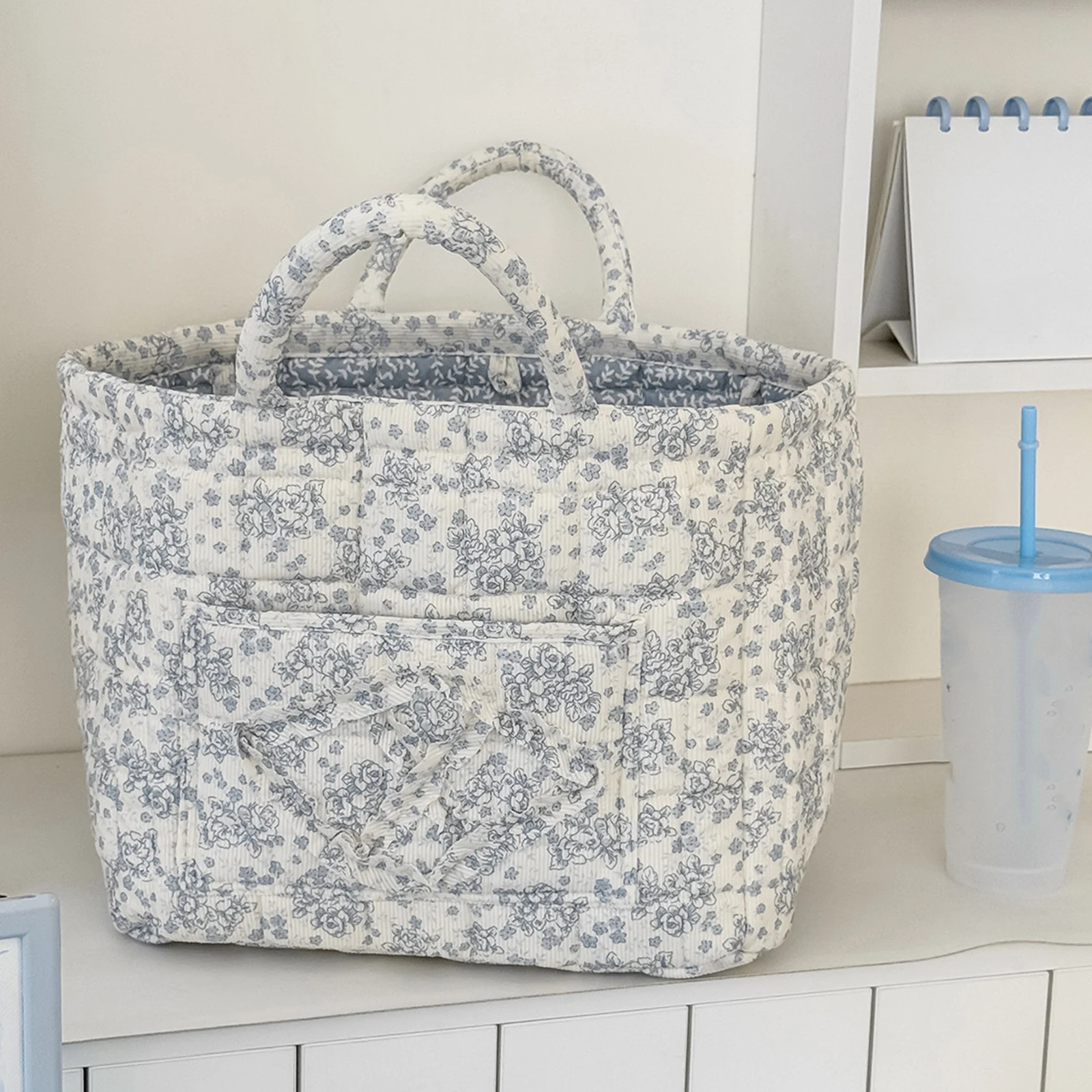 

Quilted Fabric Storage Basket with Handles Foldable Floral Organizer Bin (Blue)